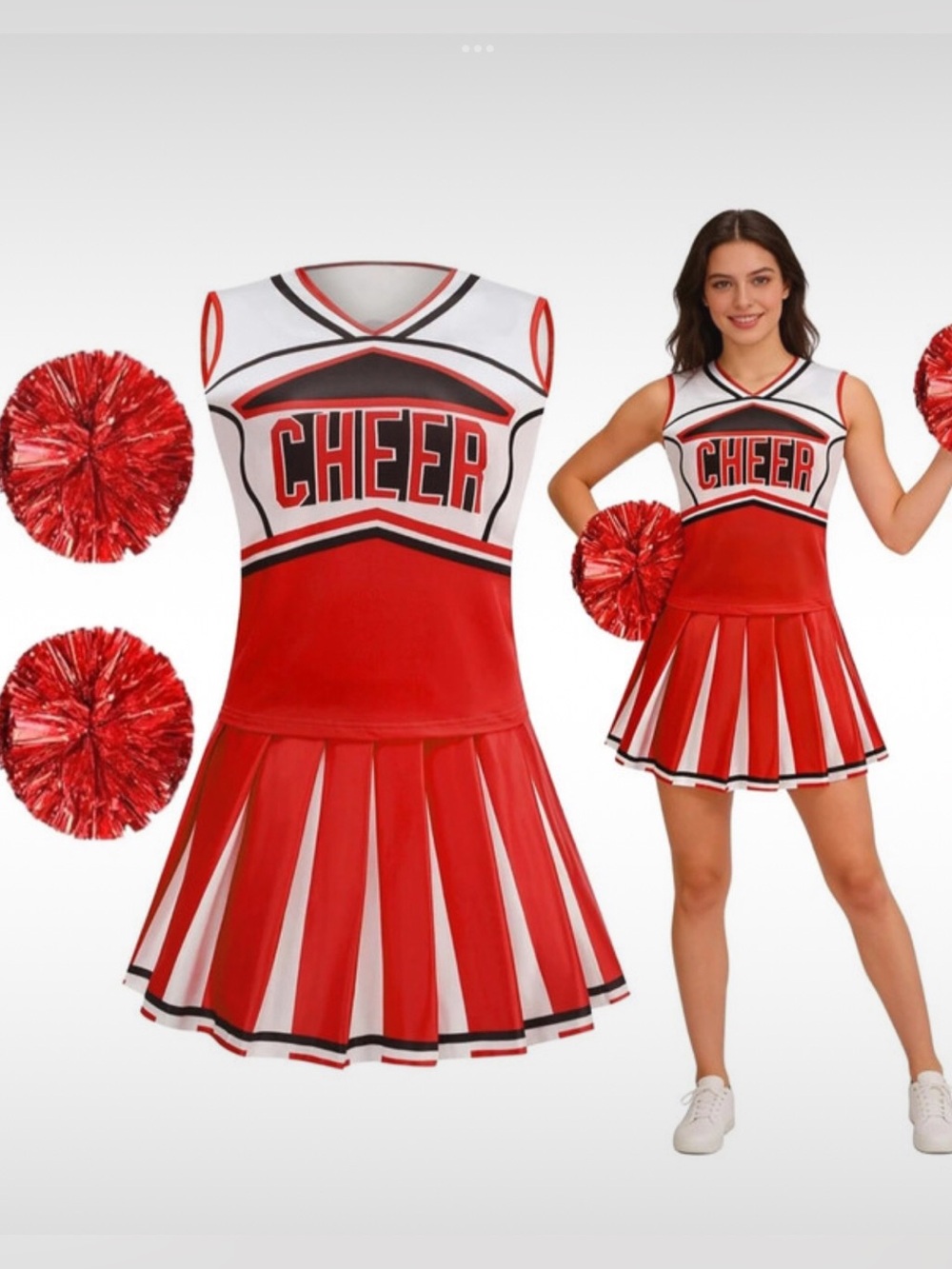 Red Cheerleader Costume Set with Pom Poms - Party Supplies, Sz XL